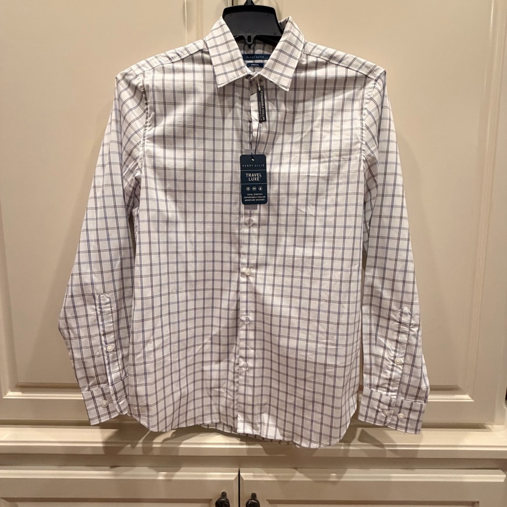 Perry Ellis White and Blue Plaid Shirt